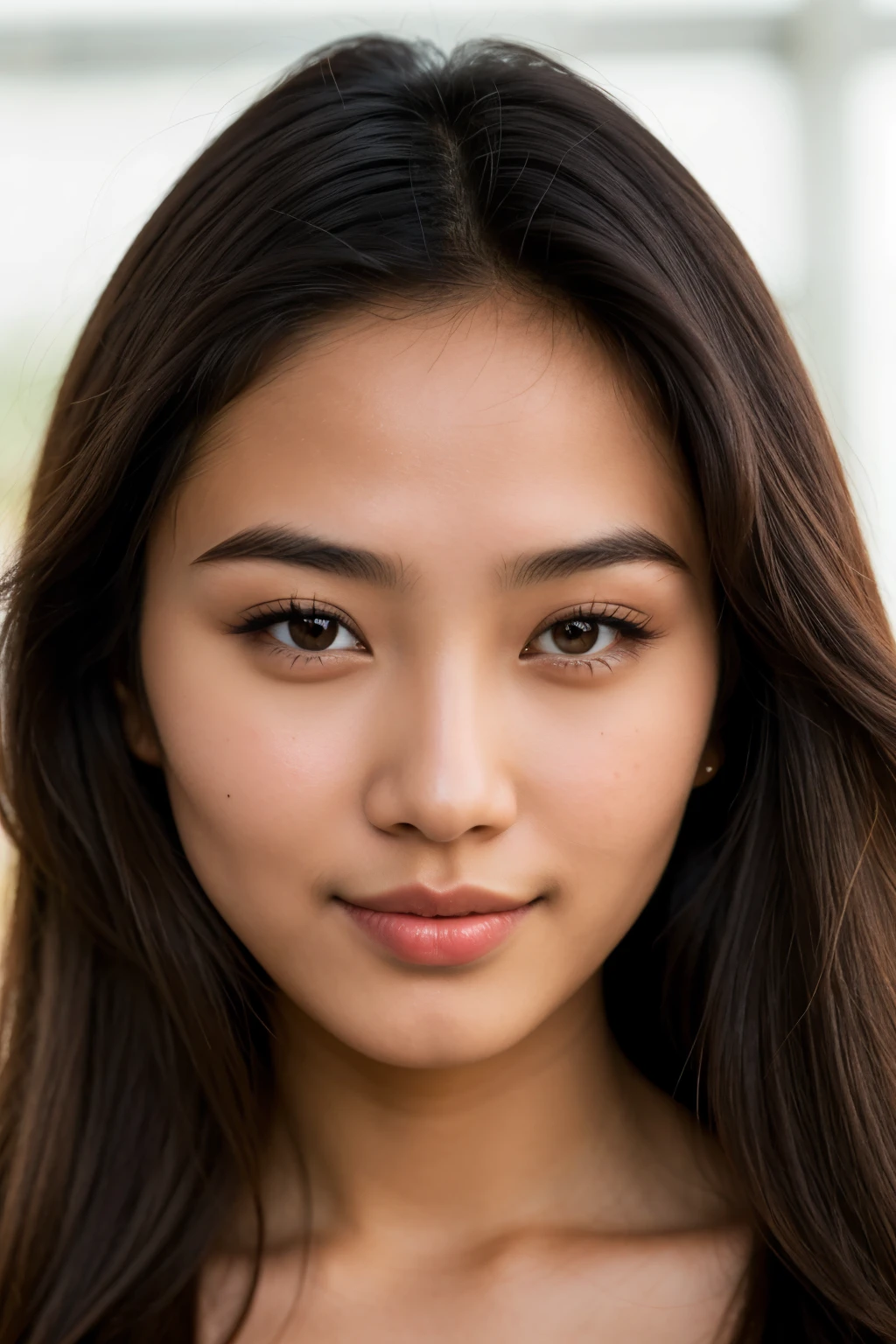jeune femme métissé asiatique aux yeux marrons, dark brown and long hair, joli visage, tanned skin, luscious mouth, small-nose, Eyes made up, magnificent, sexly,best quality, 4K