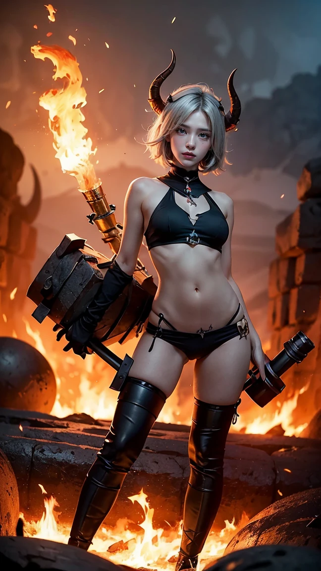 "Depict Tristana in her Little Demon skin from League of Legends by Riot Games, no having clothes,wearing a mischievous, demon-themed outfit with horns and her fiery cannon, have massive k-cups, in a hellish landscape with lava pits and demonic creatures."