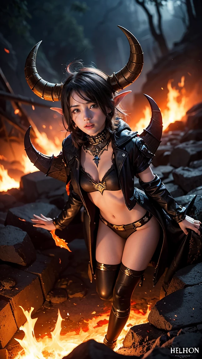 "Depict Tristana in her Little Demon skin from League of Legends by Riot Games, no having clothes,wearing a mischievous, demon-themed outfit with horns and her fiery cannon, have massive k-cups, in a hellish landscape with lava pits and demonic creatures."