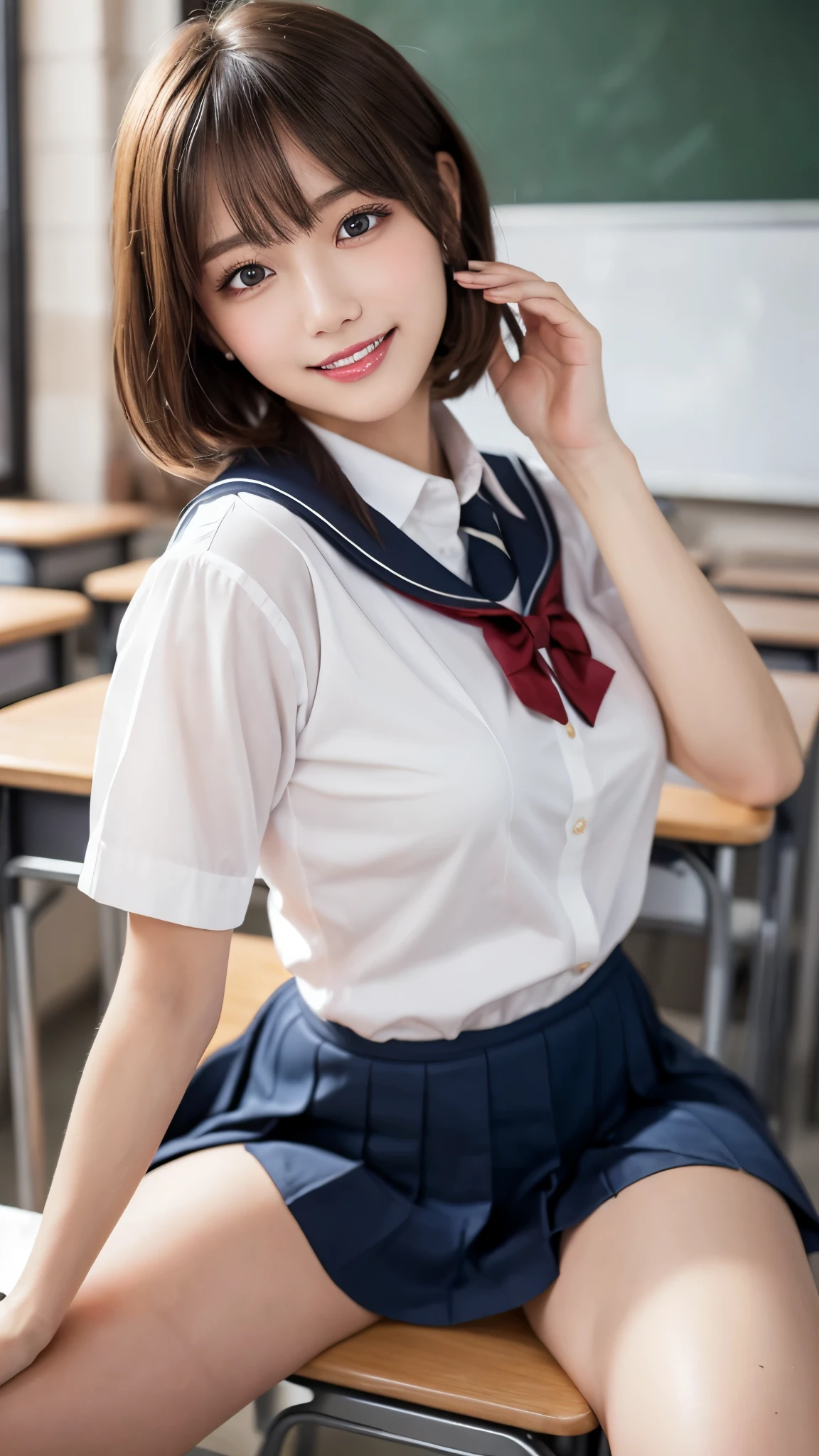 (masterpiece:1.3), high resolution, ultra detailed, extremely detailed CG unity 16k wallpaper, realistic, photo-realistic, RAW photo, super fucking beautiful detailed face, natural makeup, pale skin, realistic glistening skin, detailed cloth texture, detailed hair texture, beautiful detailed fullbody, Perfect female body, accurate, Anatomically correct, Highly detailed face and skin texture, natural neck length, (beautiful hands), (fair skin:1.1), (well-aligned teeth:1.1), (beautiful breasts:1.2), (beautiful thighs:1.2), (cowboy shot:1.3), (Perfect dynamic composition, looking at viewer), 
BREAK, 
Detailed eyes, symmetric eyes, Light Brown eyes, Double eyelids, Thin eyebrows, (Glossy lips:1.4), ((A face with waiting for a kiss:1.2)), (blush:1.1), (A sparkling small hair accessory:1.1), (beautiful smile:1.1), (sweat skin,blush:1.2), (Random and cute poses), 
BREAK, 
((short hair, bob, Dark blonde hair, bangs:1.2)),  
(Sitting in classroom), ((school uniform, legs crossed:1.3))