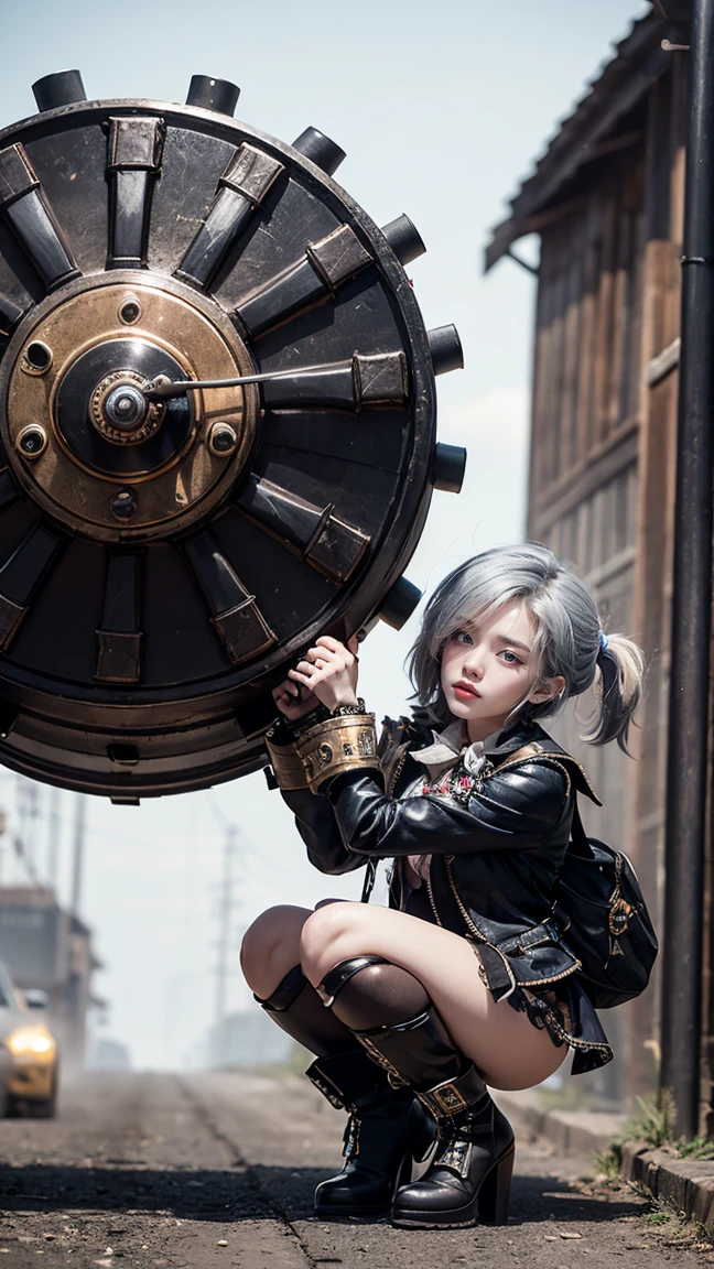 "Show Tristana in her Hextech skin from League of Legends by Riot Games, no having clothes,adorned in a steampunk-inspired outfit with gears and her mechanical cannon, have massive k-cups, in a grand, Victorian-style city with intricate machinery and steam-powered devices."