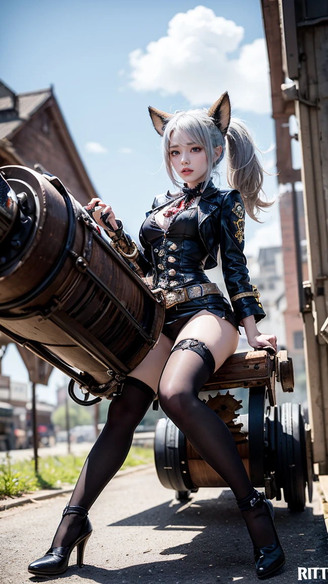 "Show Tristana in her Hextech skin from League of Legends by Riot Games, no having clothes,adorned in a steampunk-inspired outfit with gears and her mechanical cannon, have massive k-cups, in a grand, Victorian-style city with intricate machinery and steam-powered devices."