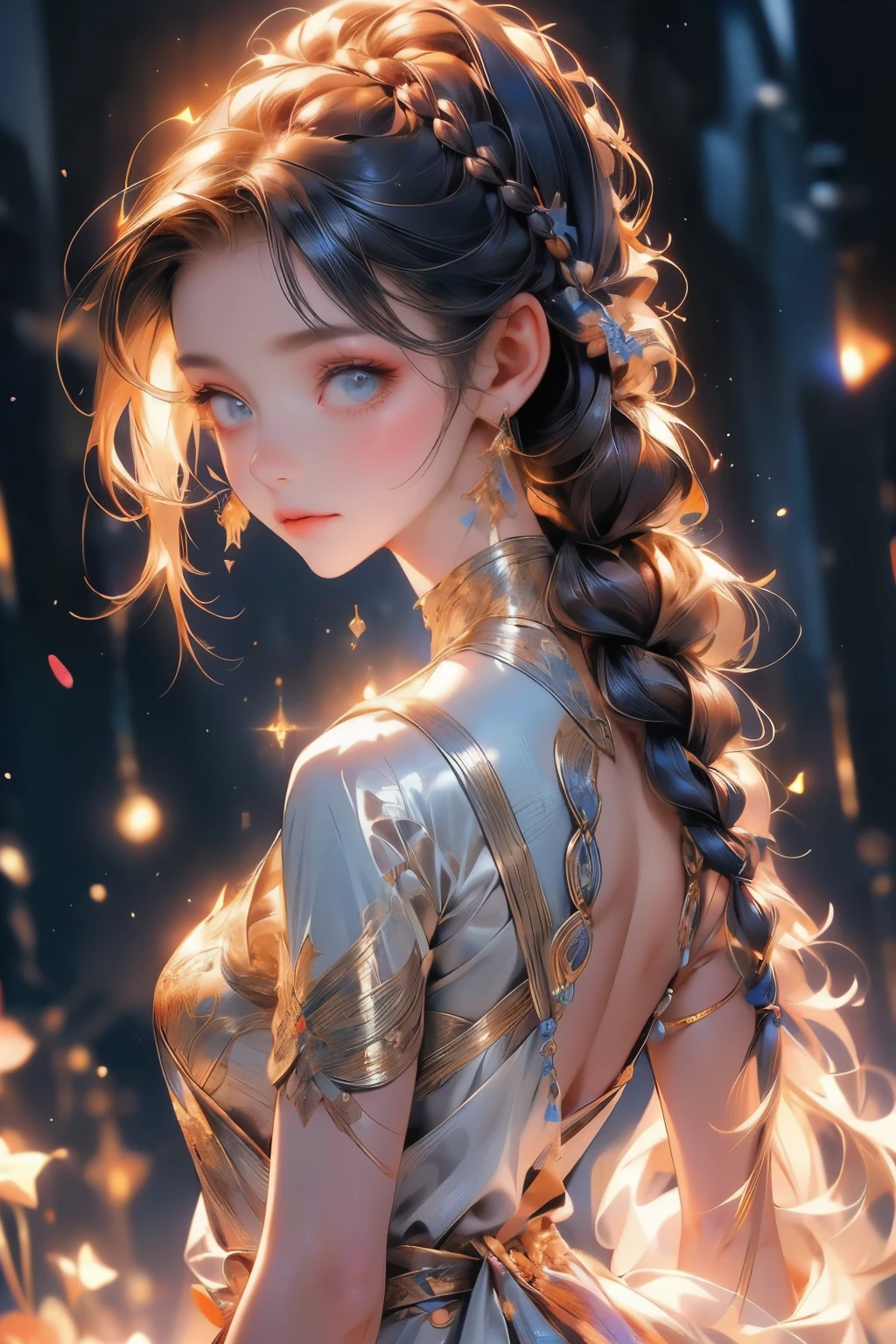 ((best quality)), ((masterpiece)), (detailed), 1girl, (big forhead:1.2),extremely detailed cute anime face, (((flat chest))), (flat chest:1.1),((((long twin braids,tight braids,long braid,braided hair,long hair)))),intricate eyes,beautiful detailed eyes,symmetrical eyes,(((detailed face))),beautiful detailed lips, looking at this, (((embarrassed))),(horrified expression),(panic),(crying),highres,(best quality),(ultra detailed,extremely detailed),perfect face details, ((masterpiece:1.4, best quality))+, (ultra detailed)+, long twintails, cute girl, (flat chest:1.1), small breasts, slim body, skinny, (narrow hips), prominent collarbones, skinny arms, flat stomach, visible hip bones, long hair, red hair, white hair, blonde hair, dark hair, ponytail, thick ponytail, heavy ponytail, small breasts, perfect face, small breasts (flat chest:1.1), NSFW, long revealing gown,Detailed body,Full limbs,(from behind), (turning), NSFW, (flat chest:1.1), nude