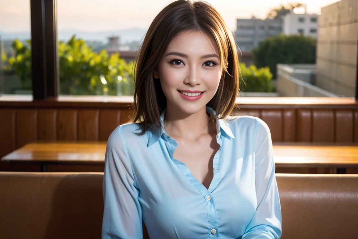 8k,Brown short hair,Very slim body、Japanese actress,Super Beauty(Like the real thing),Wine Party、wine glass、sparkling wine、full-course dinner,Neat and clean dresses,Cocktail Dresses、Big smile,Amazing view of the sunset sky and clouds、,Perfect Anatomy,charm,Volume measurement,Body balance,Digital single-lens reflex camera, Soft lighting, Detailed Background, Written boundary depth, Volumetric lighting, Sharp focus, Absurd, Realistic proportions, Excellent anatomy, (Realistic, 超Realistic:1.4), 16k hdr, dawn,High resolution,super Realistic 肌,super beautiful expression,Fantasy art,Character Art,Wind effects:1.9、Cloud Effect:1.2、Full Rendering、プロ品質のHigh resolution、Perfect contrast、Perfect lighting、Perfect composition、Perfect Skin、Perfect Fingers、Perfect breasts、Perfect Hair、Perfect Face、Realistic facial features,Highest quality,Slim figure,Perfect body line,Perfect hand shape,Anatomical Body Balance,Highly detailed face,Highly detailed eyes,Beautiful Lips,Excellent light particles,Cinema Lighting,compensate,超High resolution,Ultra-Realistic Skin,Dynamic pose,blue eyes,