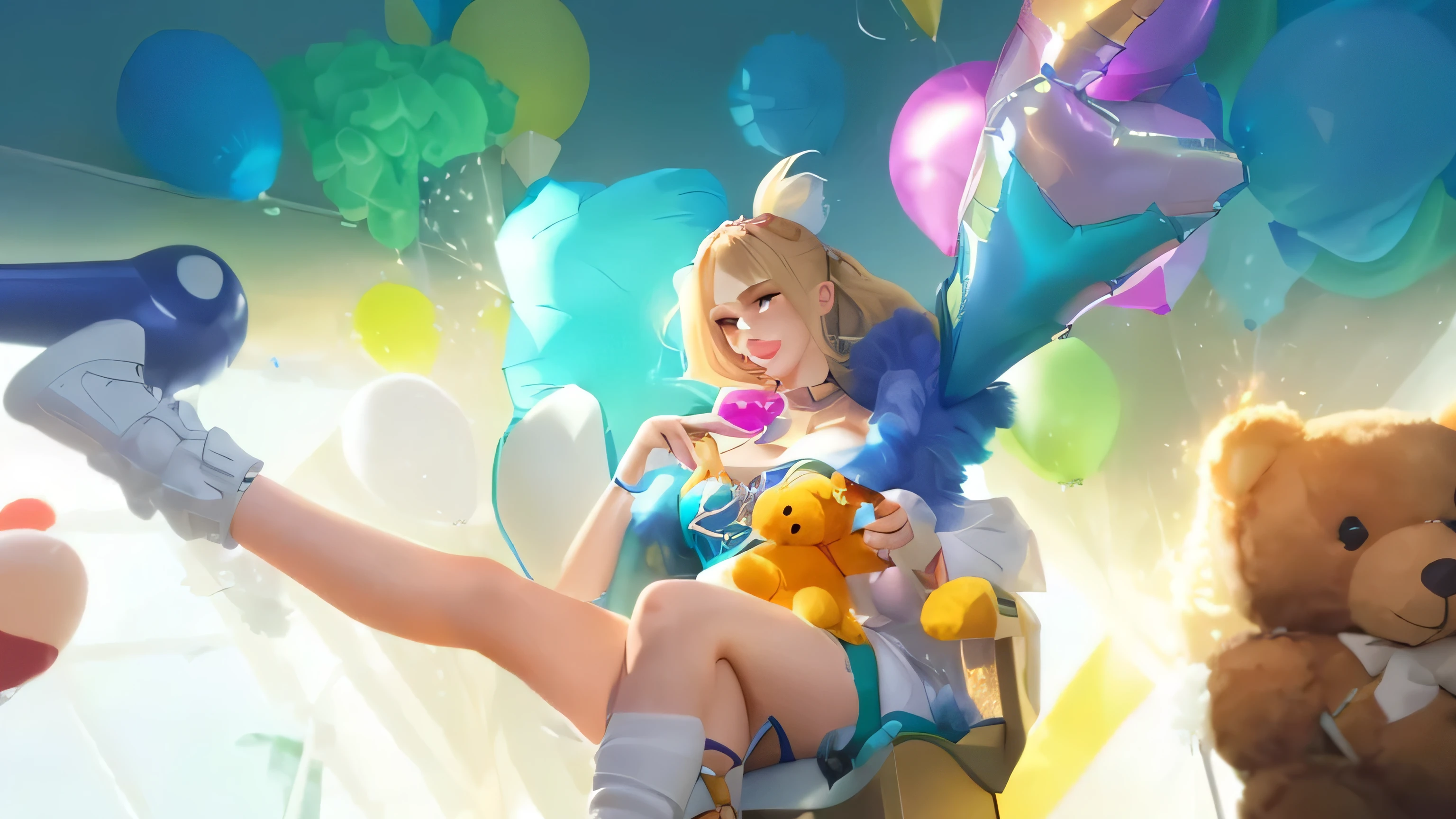 there is a woman sitting on a chair with balloons and a teddy bear, splash art anime , mobile legends, splash art, iconic character splash art, official splash art, wild rift, kda, ! dream artgerm, g liulian art style, orianna, character splash art, extremely detailed artgerm, by Yang J