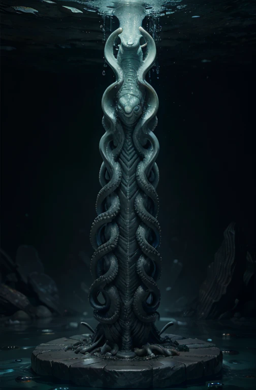 underground ruins　darkness　moisture　Stone statue　Stone Pillar　grotesque　Penis　Tentacles　mollusc　erotic　alien　half submerged