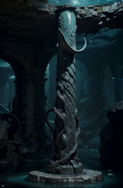 underground ruins darkness moisture Stone statue Stone Pillar grotesque Penis Tentacles mollusc erotic alien half submerged