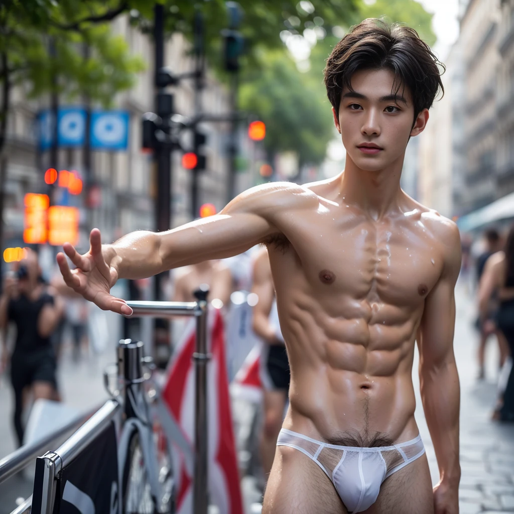 Full body, Sheer Transparent thong, very hairy armpits, Very crowded street, Topless, shirtless, boy, very young boy, Cinematic soft lighting illuminates a stunningly detailed and ultra-realistic handsome Chinese male supermodel, ultra short messy curly hair, clear honey eyes, captivating perfect smile, sensual, hot man, insanely handsome, showing off his sweaty body, sixpack muscular body build, slender, toned, full body, 8k, photography, masterpiece, detailed face, detailed eyes, detailed hands, in the Paris street, beautiful night scenery in Paris, hairy armpits, only wearing very thin micro white thong with very big bulge, very wet body, very sweaty body, Paris background, paris scenery
