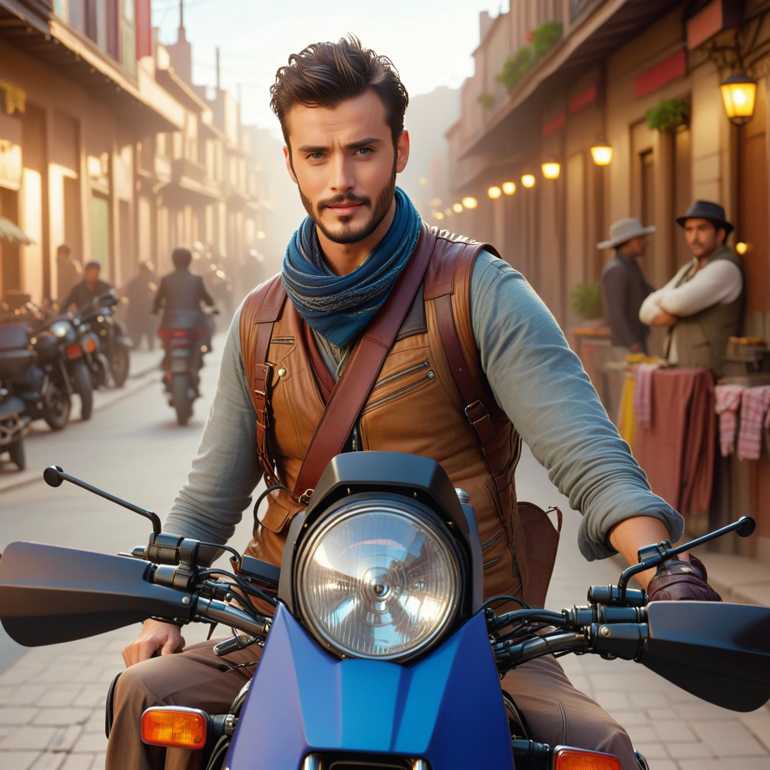 man wearing a scarf and vest on a motorcycle in a street, still from a live action movie, handsome, 2019, 2 0 1 9, 8 k movie still, promotional image, promotional still, adventure movie, scene from live action movie, beautiful man, movie still 8 k