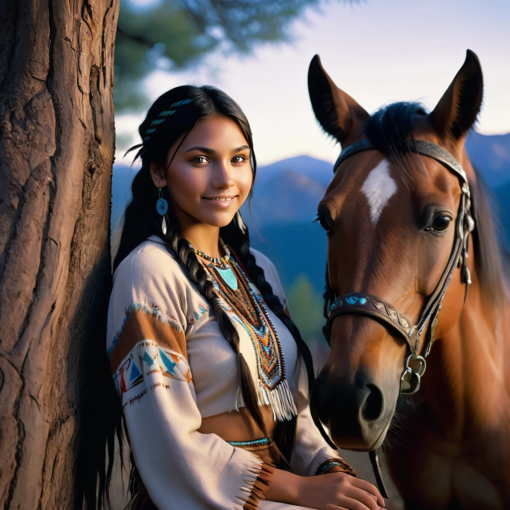 (grainy:0.5), cinematic, beautiful girl 25 year old native american,fantasy,(solo:1.3), detailed eyes, detailed face, detailed native american sexy clothing, volumetric lighting, dusk, extremely detailed background, standing next to tree and mountain, smiling, half closed brown eyes, tilted head, from side, sitting next to her horse