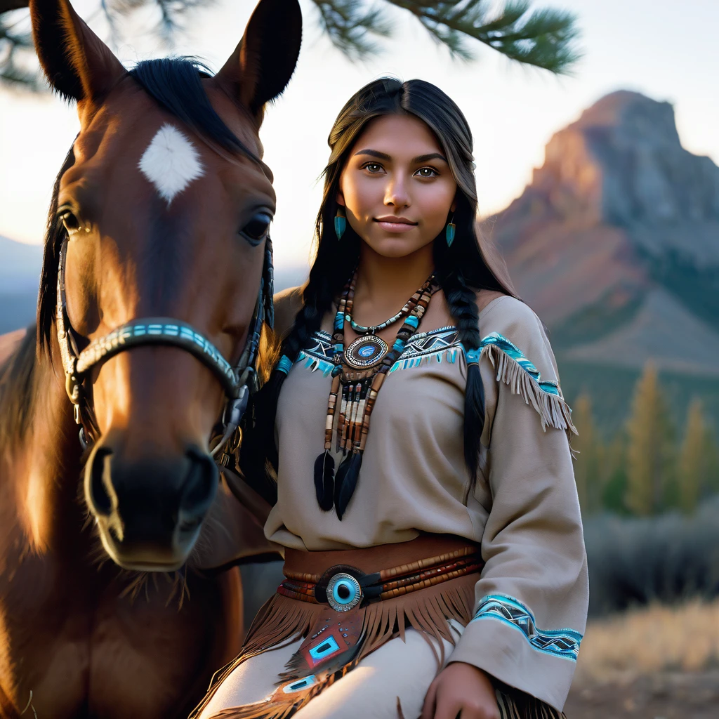 (grainy:0.5), cinematic, beautiful girl 25 year old native american,fantasy,(solo:1.3), detailed eyes, detailed face, detailed native american sexy clothing, volumetric lighting, dusk, extremely detailed background, standing next to tree and mountain, smiling, half closed brown eyes, tilted head, from side, sitting next to her horse