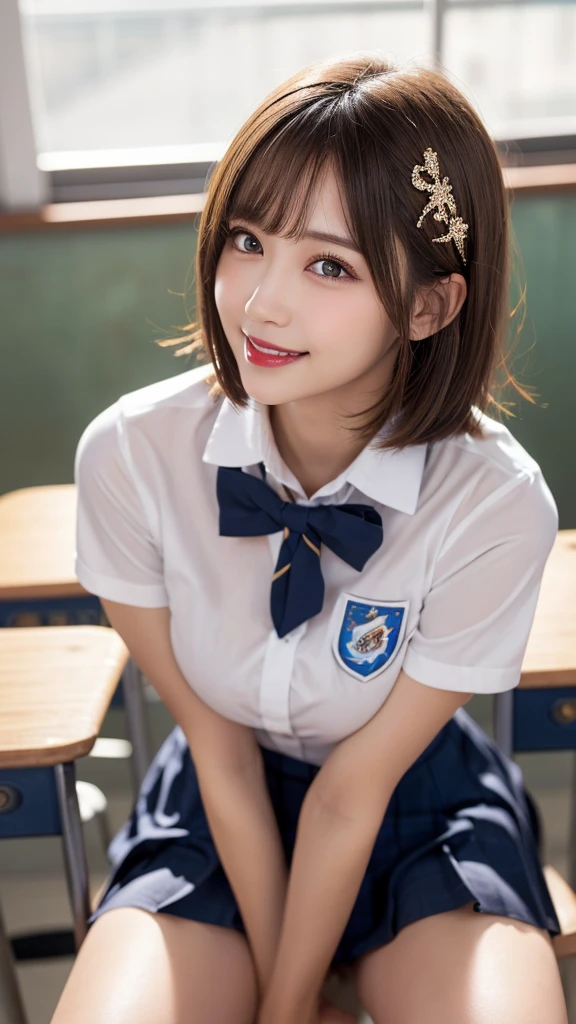 (masterpiece:1.3), high resolution, ultra detailed, extremely detailed CG unity 16k wallpaper, realistic, photo-realistic, RAW photo, super fucking beautiful detailed face, natural makeup, pale skin, realistic glistening skin, detailed cloth texture, detailed hair texture, beautiful detailed fullbody, Perfect female body, accurate, Anatomically correct, Highly detailed face and skin texture, natural neck length, (beautiful hands), (fair skin:1.1), (well-aligned teeth:1.1), (beautiful large breasts:1.2), (beautiful thighs:1.2), (cowboy shot:1.3), (Perfect dynamic composition, looking at viewer),
BREAK,
Detailed eyes, symmetric eyes, Light Brown eyes, Double eyelids, Thin eyebrows, (Glossy lips:1.4), ((A face with waiting for a kiss:1.2)), (blush:1.1), (A sparkling small hair accessory:1.1), (beautiful smile:1.1), (sweat skin,blush:1.2), (Random and cute poses),
BREAK,
((short hair, bob, Dark blonde hair, bangs:1.2)),
(Sitting in classroom), ((school uniform, legs crossed:1.3))