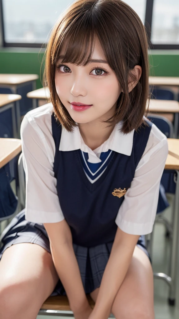 (masterpiece:1.3), high resolution, ultra detailed, extremely detailed CG unity 16k wallpaper, realistic, photo-realistic, RAW photo, super fucking beautiful detailed face, natural makeup, pale skin, realistic glistening skin, detailed cloth texture, detailed hair texture, beautiful detailed fullbody, Perfect female body, accurate, Anatomically correct, Highly detailed face and skin texture, natural neck length, (beautiful hands), (fair skin:1.1), (well-aligned teeth:1.1), (beautiful large breasts:1.2), (beautiful thighs:1.2), (cowboy shot:1.3), (Perfect dynamic composition, looking at viewer),
BREAK,
Detailed eyes, symmetric eyes, Light Brown eyes, Double eyelids, Thin eyebrows, (Glossy lips:1.4), ((A face with waiting for a kiss:1.2)), (blush:1.1), (A sparkling small hair accessory:1.1), (beautiful smile:1.1), (sweat skin,blush:1.2), (Random and cute poses),
BREAK,
((short hair, bob, Dark blonde hair, bangs:1.2)),
(Sitting in classroom), ((school uniform, legs crossed:1.3))