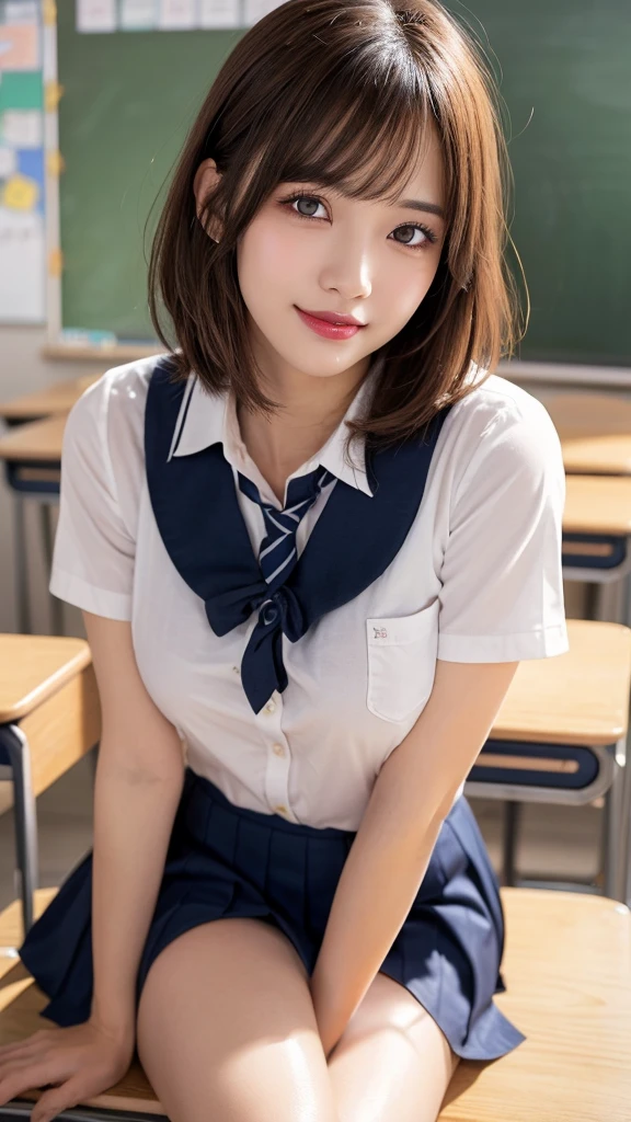 (masterpiece:1.3), high resolution, ultra detailed, extremely detailed CG unity 16k wallpaper, realistic, photo-realistic, RAW photo, super fucking beautiful detailed face, natural makeup, pale skin, realistic glistening skin, detailed cloth texture, detailed hair texture, beautiful detailed fullbody, Perfect female body, accurate, Anatomically correct, Highly detailed face and skin texture, natural neck length, (beautiful hands), (fair skin:1.1), (well-aligned teeth:1.1), (beautiful large breasts:1.2), (beautiful thighs:1.2), (cowboy shot:1.3), (Perfect dynamic composition, looking at viewer),
BREAK,
Detailed eyes, symmetric eyes, Light Brown eyes, Double eyelids, Thin eyebrows, (Glossy lips:1.4), ((A face with waiting for a kiss:1.2)), (blush:1.1), (A sparkling small hair accessory:1.1), (beautiful smile:1.1), (sweat skin,blush:1.2), (Random and cute poses),
BREAK,
((short hair, bob, Dark blonde hair, bangs:1.2)),
(Sitting in classroom), ((school uniform, legs crossed:1.3))