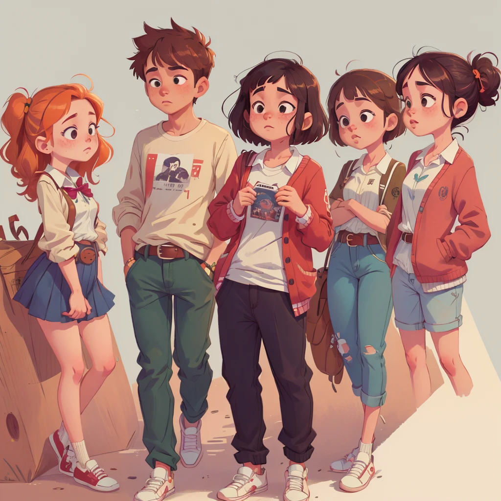 ((masterpiece)), (((Best quality))), illustration, group of teenagers, freckles, school clothes, Vyazannaya cardigan, trousers, White shirt, belt, relaxed posture, (simple background: 1.3) ,--6