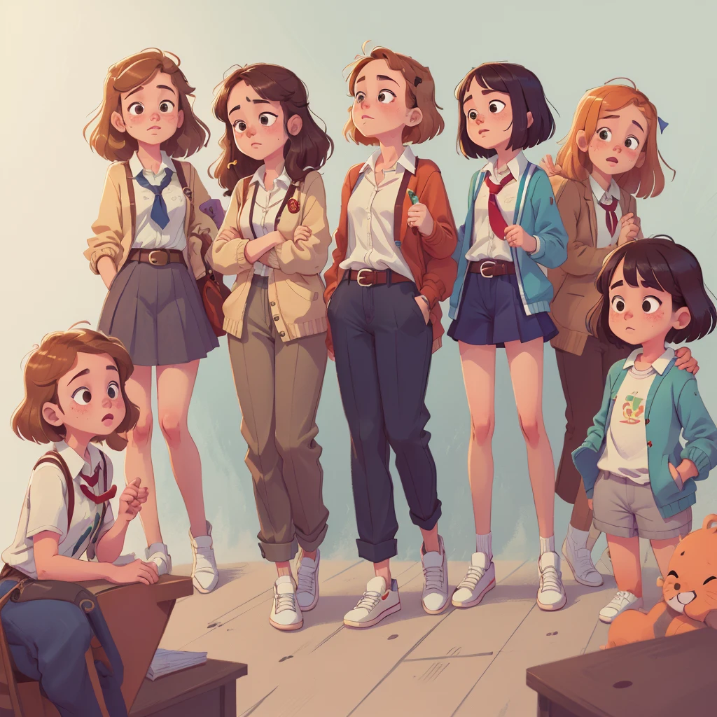 ((masterpiece)), (((Best quality))), illustration, group of teenagers, freckles, school clothes, Vyazannaya cardigan, trousers, White shirt, belt, relaxed posture, (simple background: 1.3) ,--6