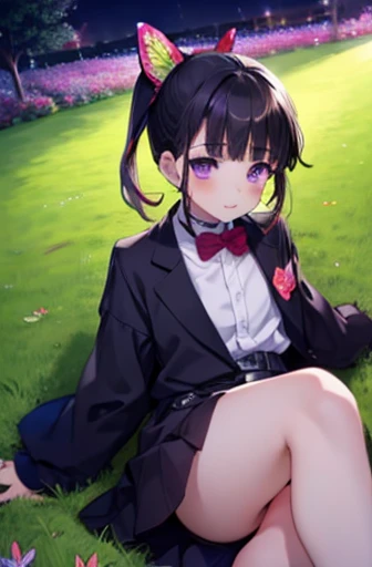 1boy, 1girl, missonary sex, grass, night,Chizuru Ichinose, Kanao Tsuyuri, black hair, butterfly, butterfly hair ornament, (purple eyes:1.1), side ponytail, ponytail,boy, lying, boy on girl