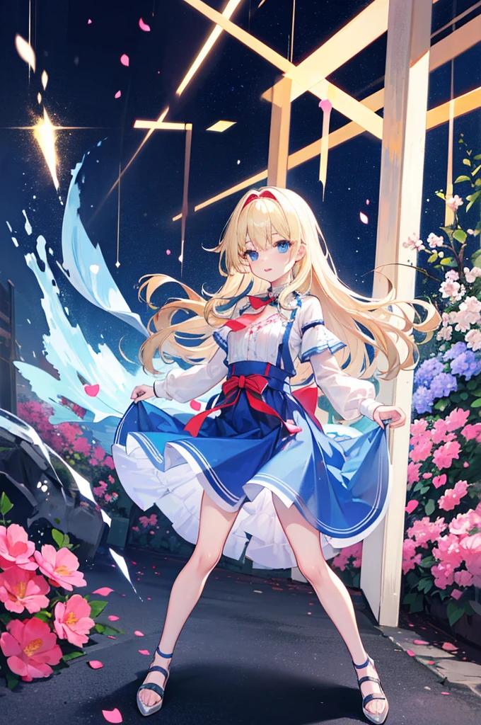 Alice，Light blond long hair，Blue Eyes，Blue Skirt，energetic and cute，In the flowers，Show the chest，Full body picture，
