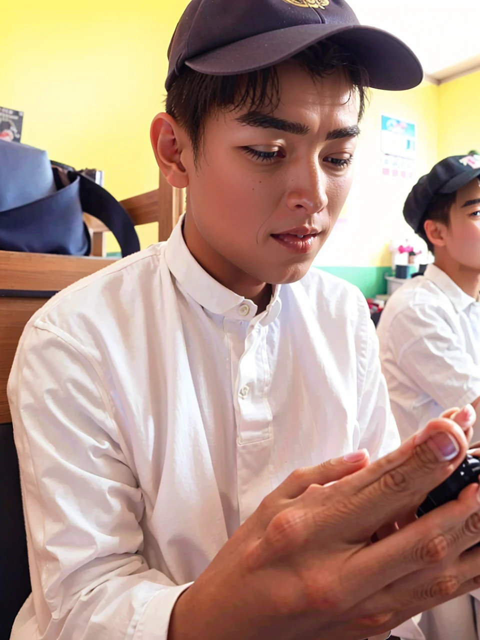 best quality, ultra high res, (photorealistic:1.4), masterpiece, Kodak portra 400, film grain, blurry background , bubble tea shop, solo,1 boys,Young man ,white skin, double eyelids,Crew cut,white t-shirt, posing, looking at viewer ,face focus,