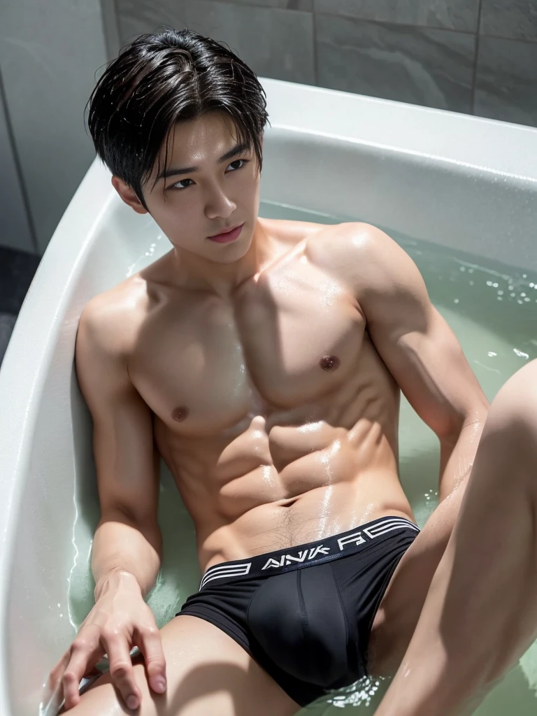 Chinese male actor in briefs, handsome Chinese guy, handsome man, Full Body Shoot, photoshoot, portrait, studio lighting, look at camera, detailed facial parts, Manly, Charmer, Active Boy, take a bath, laying in bath, wet body, open legs, anguished expression, perfect anatomy, symmetric body, asian boy 30years old, shirtless :: high detail, asian, a little six packs attractive body, realistic, human skin, Short Hairstyle, handsome chad chin, shirtless, handsome, attractive, slightly muscular man, masculine, sexually attractive, human skin, (eyes contact), Handsome, Attractive, bulge in briefs, The crotch is raised