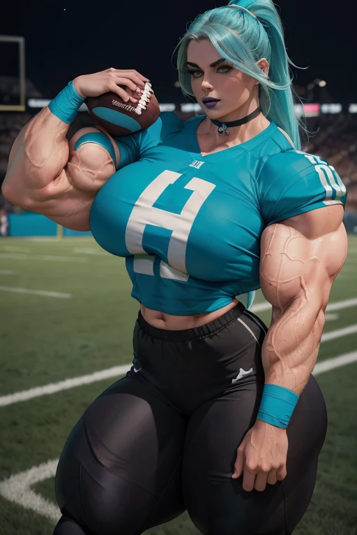 (best quality,4k,8k,highres,masterpiece), ultra-detailed, (realistic,photorealistic,photo-realistic), HDR, UHD, studio lighting, ultra-fine painting, sharp focus, vivid colors, bokeh, portraits, solo woman, alone, (Emma Mackey), full body, playing in an ((american football stadium)), low angle looking upwards, lingerie, ripped and torn uniform, micro bikini, pads, busting out, playing quarterback, ((((Massive Female Bodybuilder)))), wide hips, slim waist, wide shoulders, ((((Huge breasts)))), (perfect anatomy), underboob, ((NSFW))