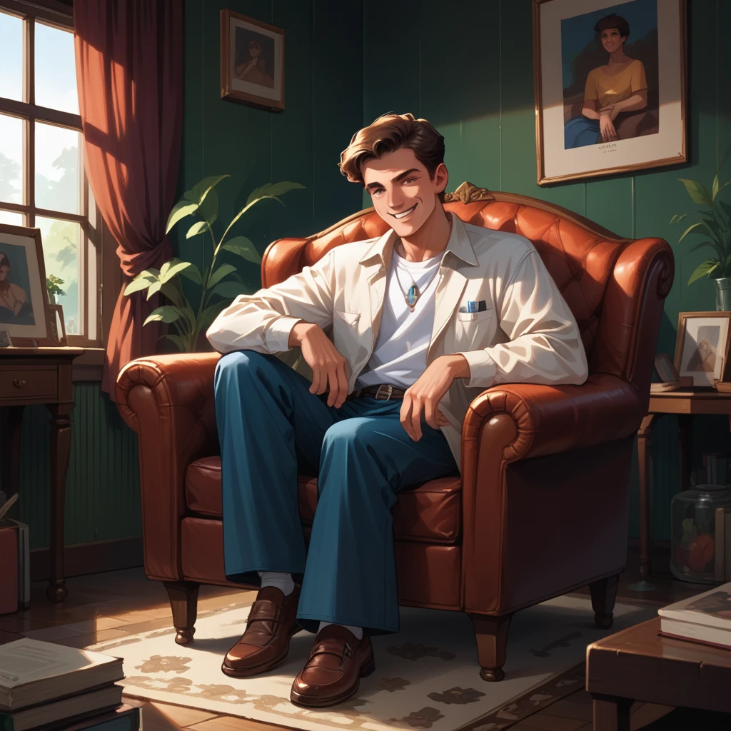 man smiling, looking at the audience, brown hair, sit on the chair, retro art, illustration, detailed, in the living room, green wall