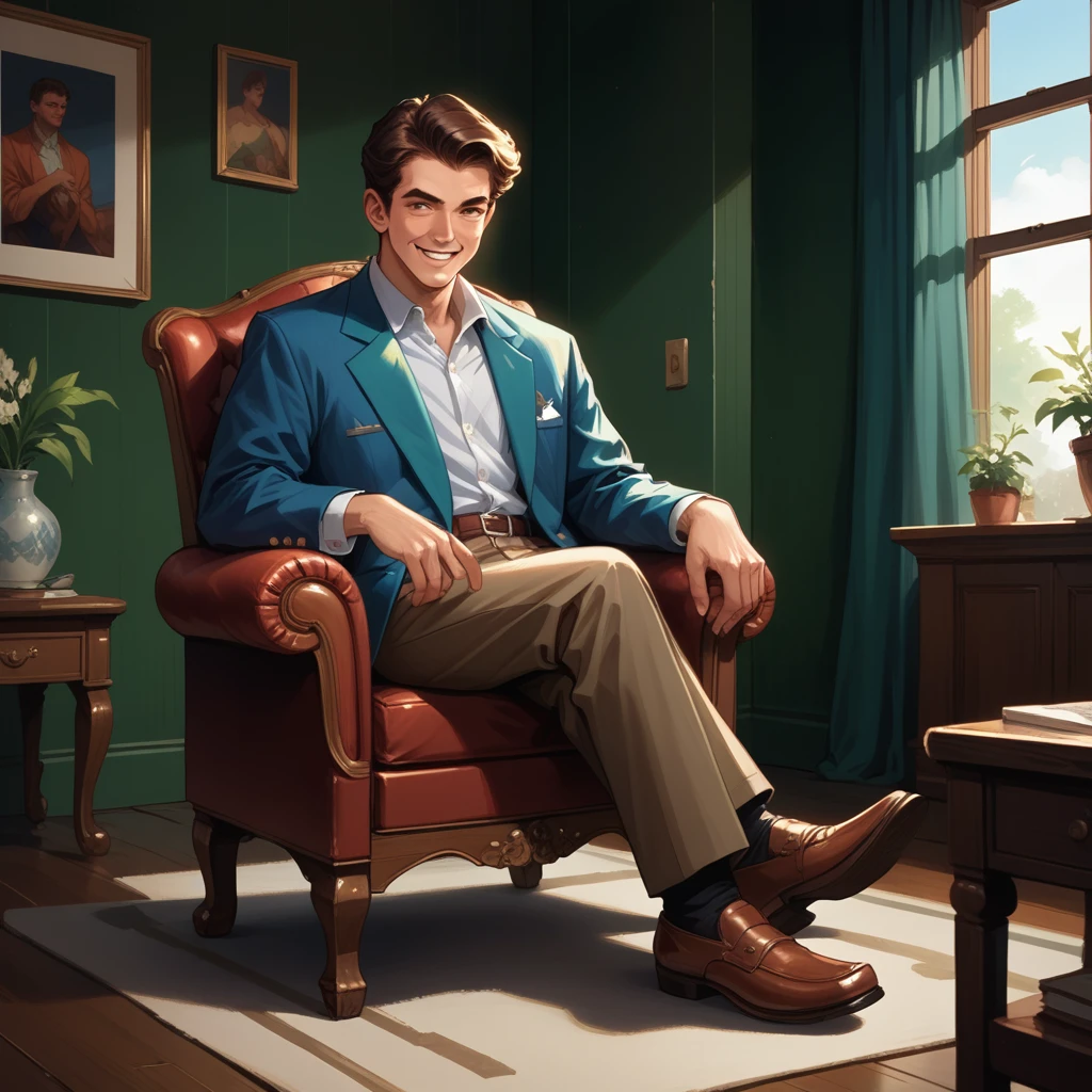 man smiling, looking at the audience, brown hair, sit on the chair, retro art, illustration, detailed, in the living room, green wall