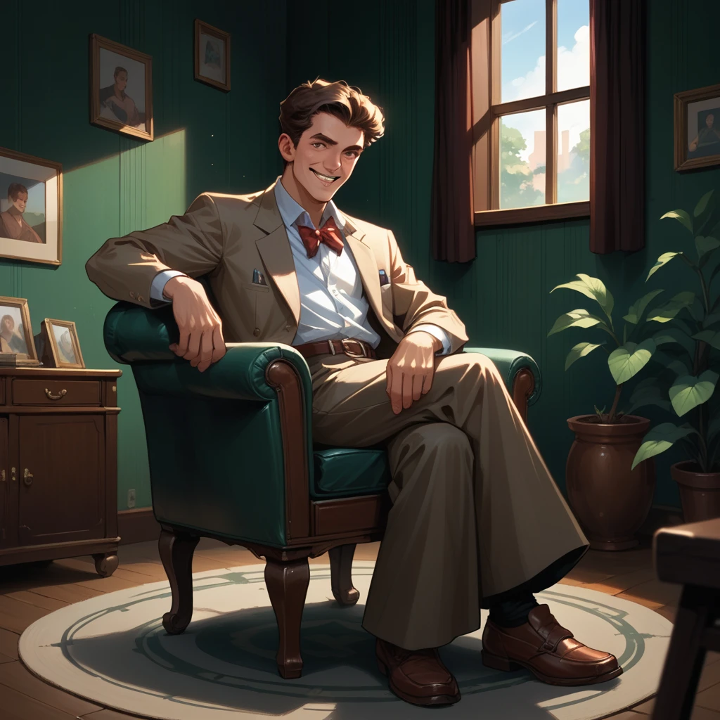 man smiling, looking at the audience, brown hair, sit on the chair, retro art, illustration, detailed, in the living room, green wall