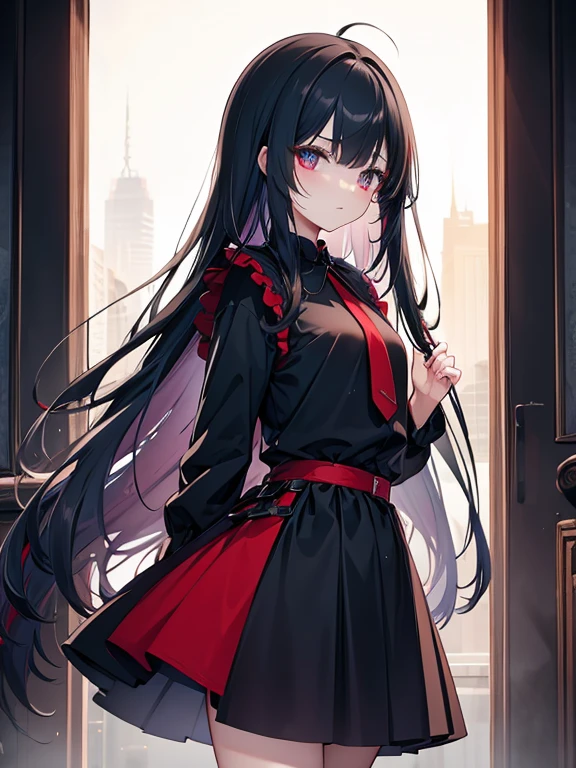Girl blue right eye and red left eye long hair Mourning black clothes skirt