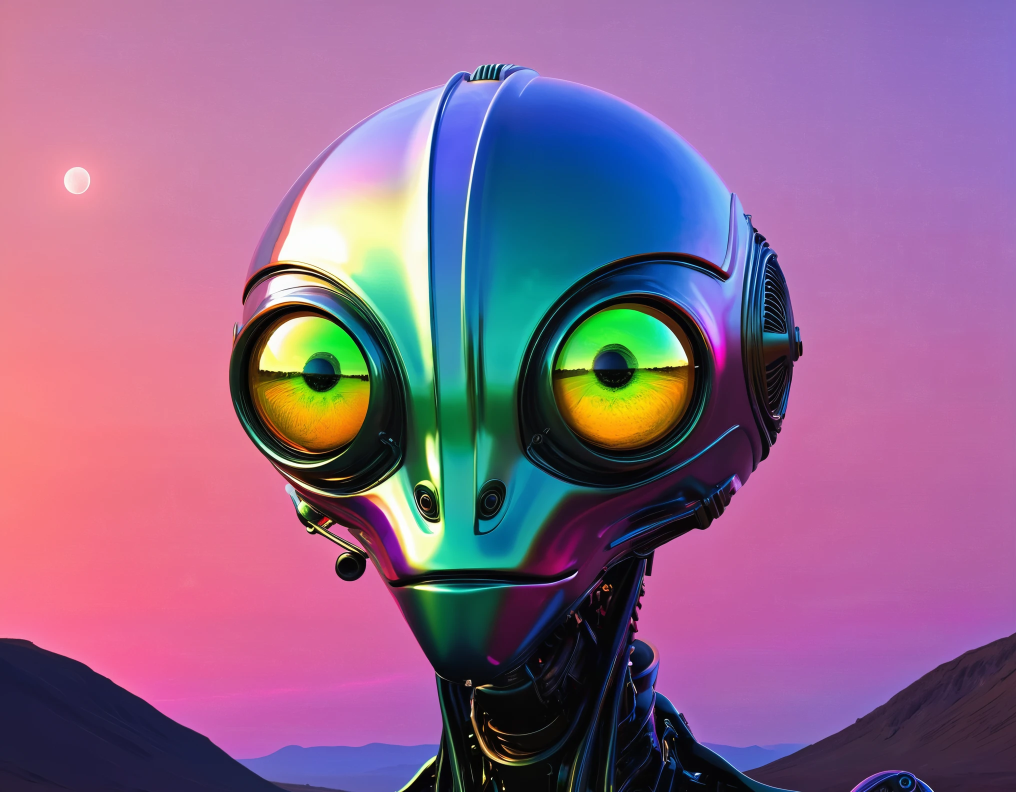 [(front portrait:mechanical alien creature with neon glass eyes)((Alex_Harley style))):20]/[background: amazing exoplanet landscape, naive avant-garde (alien moon sunset), Alfred Wallis style], very colorful,((oil painting)),((masterpiece)), single shot