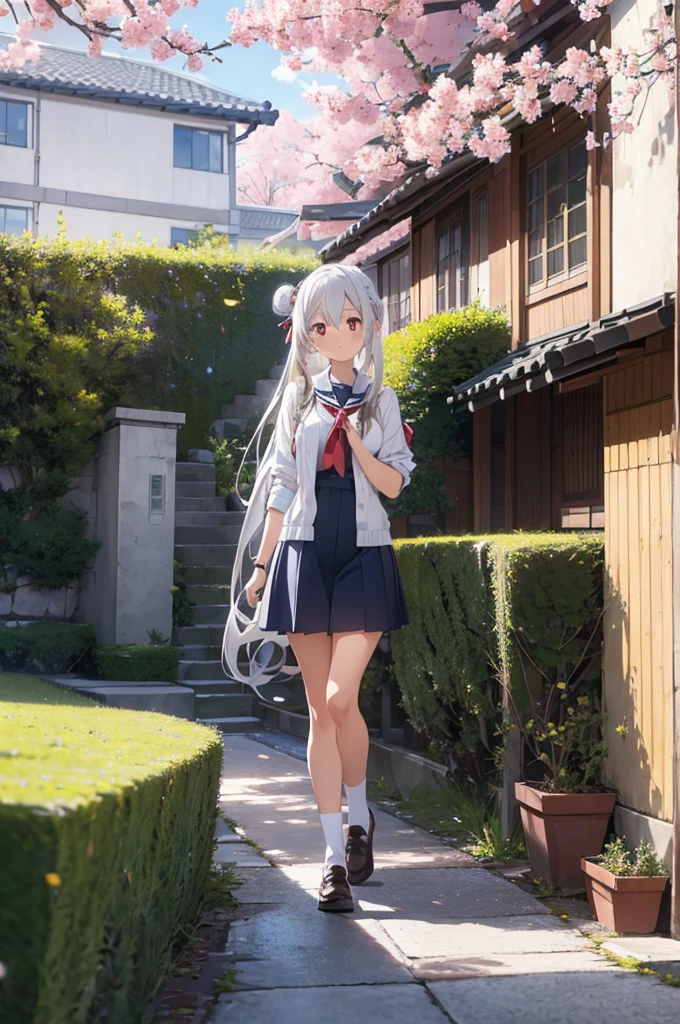 Create a detailed and vibrant anime-style background for the elite academy building of 'Shinsei Gakuen Seishun-tai' (Shinsei Gakuen Youth Squad). The scene should depict a modern yet elegant school building with traditional Japanese architectural elements. The building should be surrounded by cherry blossom trees in full bloom, with petals gently falling around. The sky is clear and blue, with a few fluffy clouds. In the foreground, there are well-maintained gardens and a cobblestone path leading to the entrance. The overall atmosphere should be welcoming and inspiring, reflecting the youthful and energetic spirit of the students.
In front of the grand academy gate, feature a character with a light smile. The character has silver-white hair styled in very long, flowing locks with water-like inner hair texture and little double buns. Their beautiful, detailed red eyes and floating ribbon add to their charm. They are dressed in a school outfit that complements the academy's prestigious reputation.