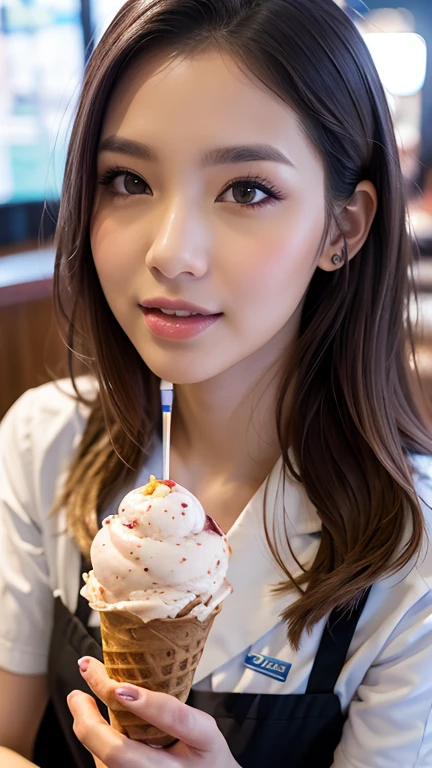 Beautiful young woman in a clean and fresh fast food uniform, Beautiful attention to detail, Beautiful lip detail, Highly detailed face, Long eyelashes, Friendly and polite expression, Make delicious soft serve ice cream, Popular fast food restaurants, Ice cream fine texture, The perfect uniform, High quality lighting, Realistic, 8k, Highest quality, masterpiece, Professional, Studio Lighting