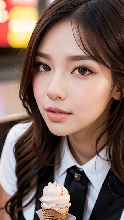 Beautiful young woman in a clean and fresh fast food uniform, Beautiful attention to detail, Beautiful lip detail, Highly detailed face, Long eyelashes, Friendly and polite expression, Make delicious soft serve ice cream, Popular fast food restaurants, Ice cream fine texture, The perfect uniform, High quality lighting, Realistic, 8k, Highest quality, masterpiece, Professional, Studio Lighting