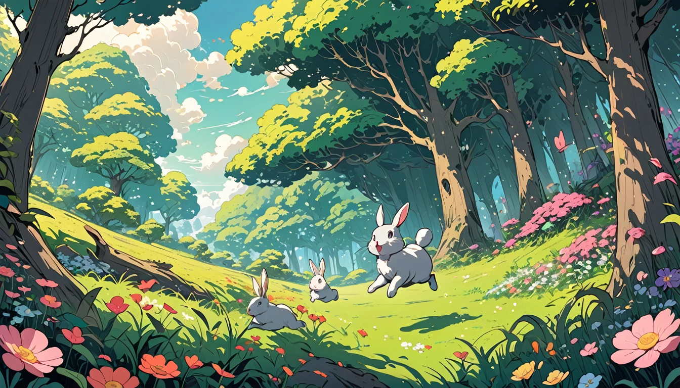 A stunning cartoon anime scene,A forest with a mysterious atmosphere,A cute gray rabbit,Jumping on the grass in the forest,The meadows are full of flowers。8k,high quality,Rich details。