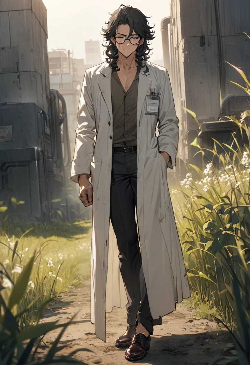masterpiece, high quality, male、40s、Dirty lab coat、Black-rimmed glasses、Curly, unkempt hair、slacks、Leather shoes、field、Dirty clothes、Slightly longer hair、kind