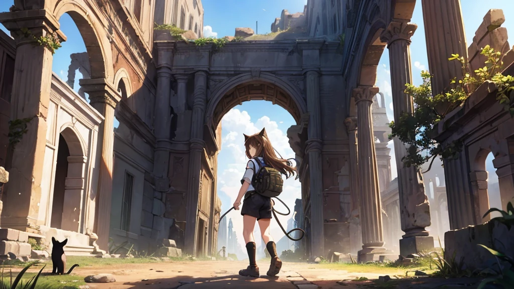 A girl is adventuring through ancient ruins. She has brown hair and short cat ears. She is wearing an exploration outfit and a topee. A black cat is walking at her feet.