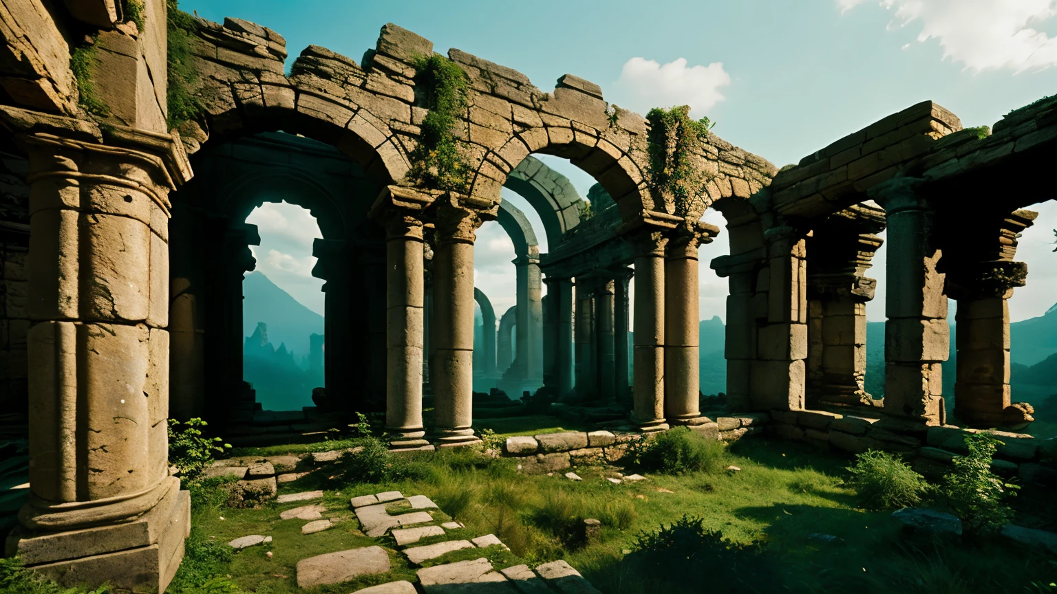 "Majestic fantasy ruins of an ancient civilization. Crumbling stone structures, overgrown with magical plants. Faint glowing runes on walls. Mysterious artifacts scattered around."