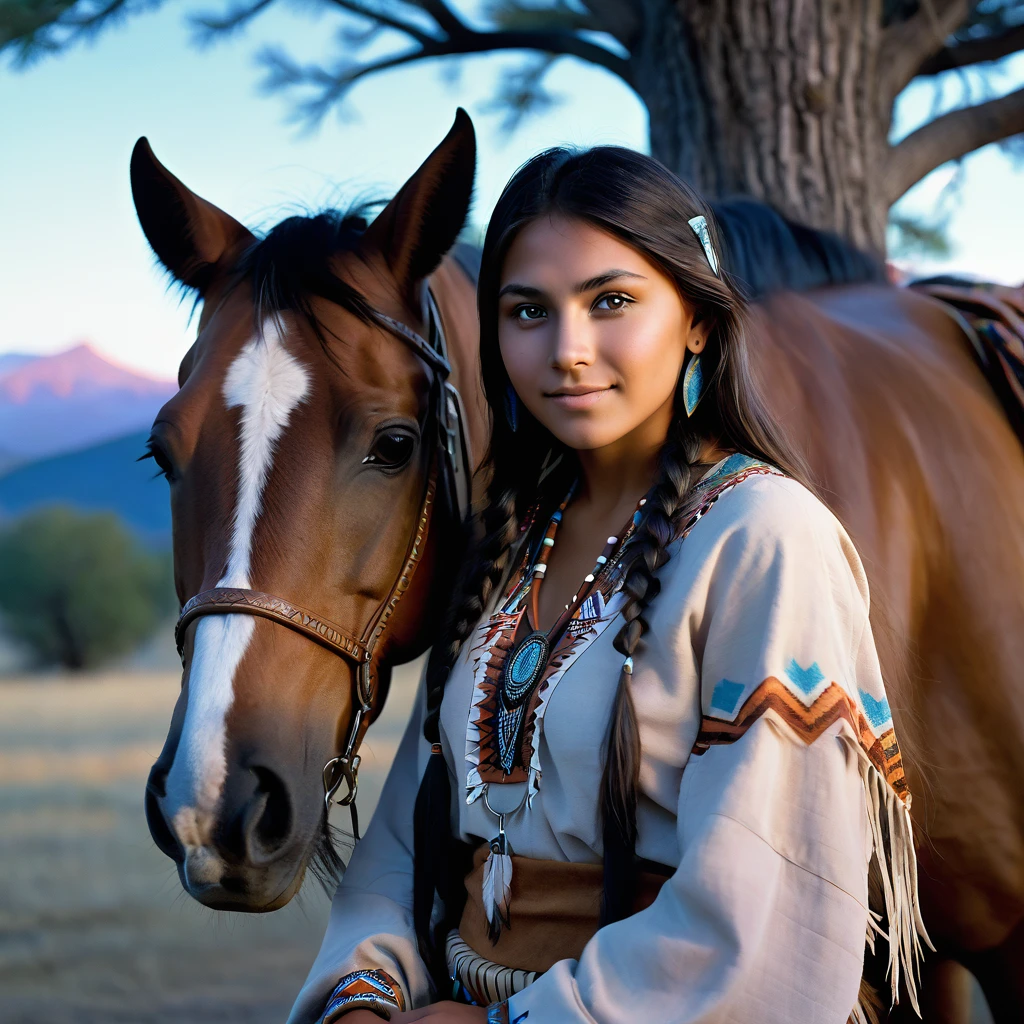 (grainy:0.5), cinematic, beautiful girl 25 year old native american,fantasy,(solo:1.3), detailed eyes, detailed face, detailed native american sexy clothing, volumetric lighting, dusk, extremely detailed background, standing next to tree and mountain, smiling, half closed brown eyes, tilted head, from side, sitting next to her horse