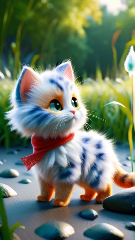 Beautiful,ral-fluff,chibi,masterpiece,Best quality,original,official art,1 cat,red scarf,grass,blurred background,cartoon rendering,beautiful detailed glow,(detailed ice),beautiful detailed water,and I want Disney Pixar style on a white background, drawn in watercolor 3DAnimationStyle,