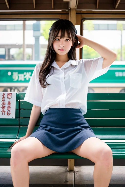 (Browsing Caution), (masterpiece), (High resolution), (Highest quality). Japanese junior high school girls、sit on a bench at the station、languid look、Throw your feet forward、lean back、Anatomically correct、beautiful girl、Spread your legs、A see-through white shirt、Skirt lift by hand、I can see her pantiey whole body was soaked、Clothes are wet and tight to the body