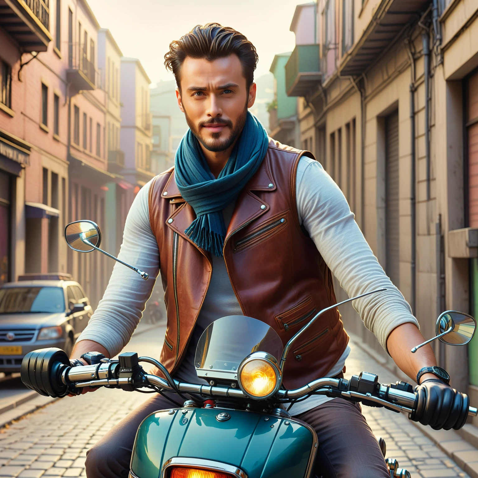 man wearing a scarf and vest on a motorcycle in a street, still from a live action movie, handsome, 2019, 2 0 1 9, 8 k movie still, promotional image, promotional still, adventure movie, scene from live action movie, beautiful man, movie still 8 k