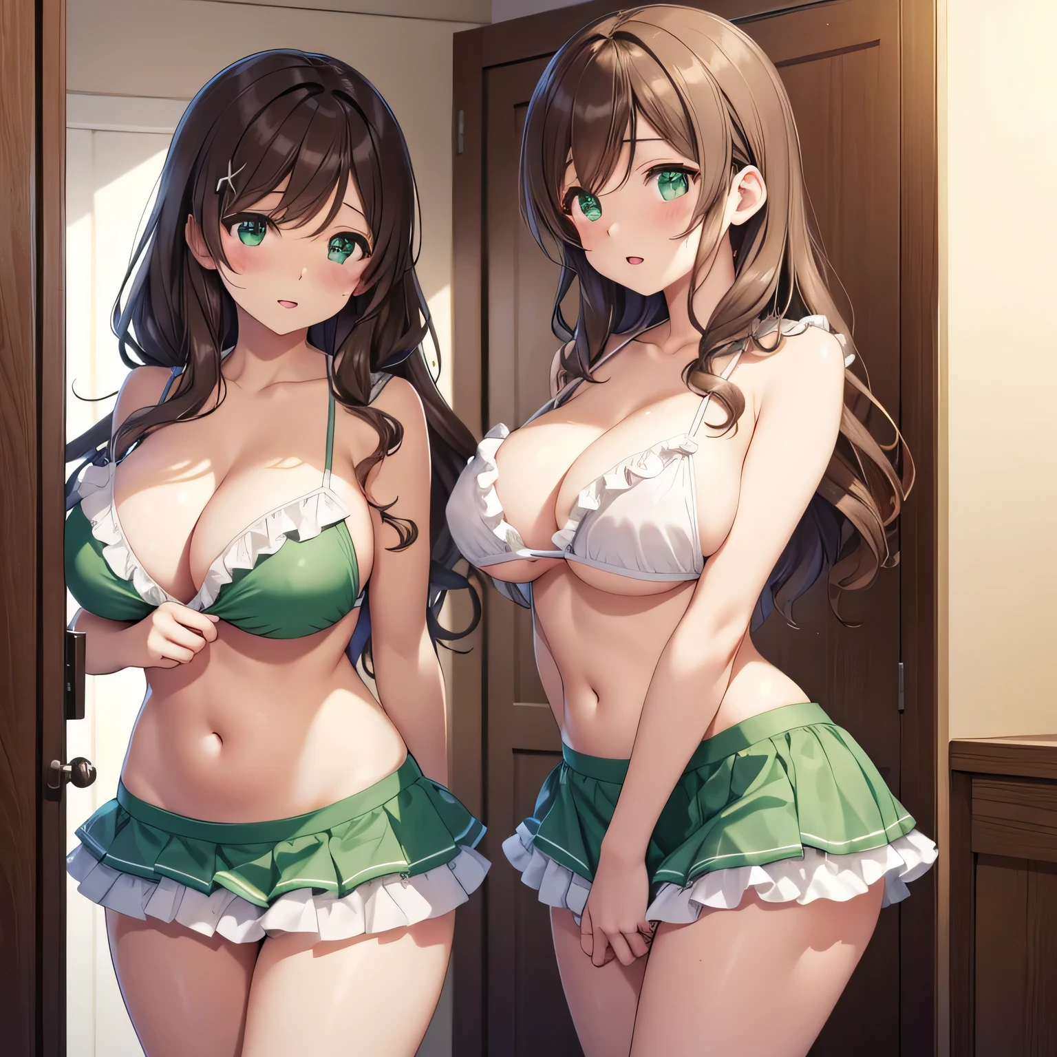 nozomitoujou, nozomi toujou, green eyes, brown hair, curly hair, large breasts, masterpiece, best quality, high resolution, beautiful detailed eyes, extremely detailed face, good lighting, detailed CG, messy hair, glossy lips, worried, nervous, changing room, frilly bikini with microskirt, exposed breast, nipple, shoeing tits, NFSW, cleavage