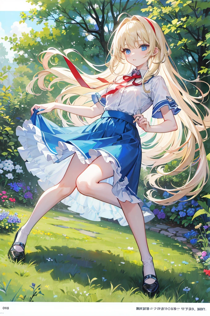 Alice,Light blond long hair,Blue Eyes,Blue Skirt,Big ,energetic and cute,In the Garden,Show the chest,Full body picture,