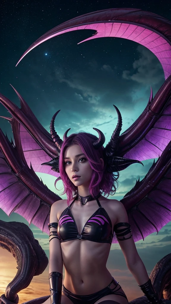 score_9, score_8_up, score_7_up, score_6_up, rating_explicit, 1girl, beautiful monster girl, gorgeous alien girl, stunning, sexy pose, twin wings ,striped mane ,curly horns ,prehensile tail , , alien planet, sitting, , low angle shot detailed realistic photo