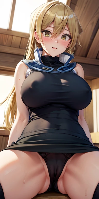 1 Female,High definition,high resolution,Ultra-realistic,8K, ta1, blonde hair, long hair, yellow eyes,white jacket, sleeveless, blue skirt, tight skirt, miniskirt,fingerless gloves, large breasts,European,sexy,Upper body close-up,Photographed from the front,Dynamic Angles,blush, big tits , happy, wink the eye,facial, sweat,multicolored hair ,(wide thighs:1.4),(black panties),(show panties),(spread legs),(cameltoe)