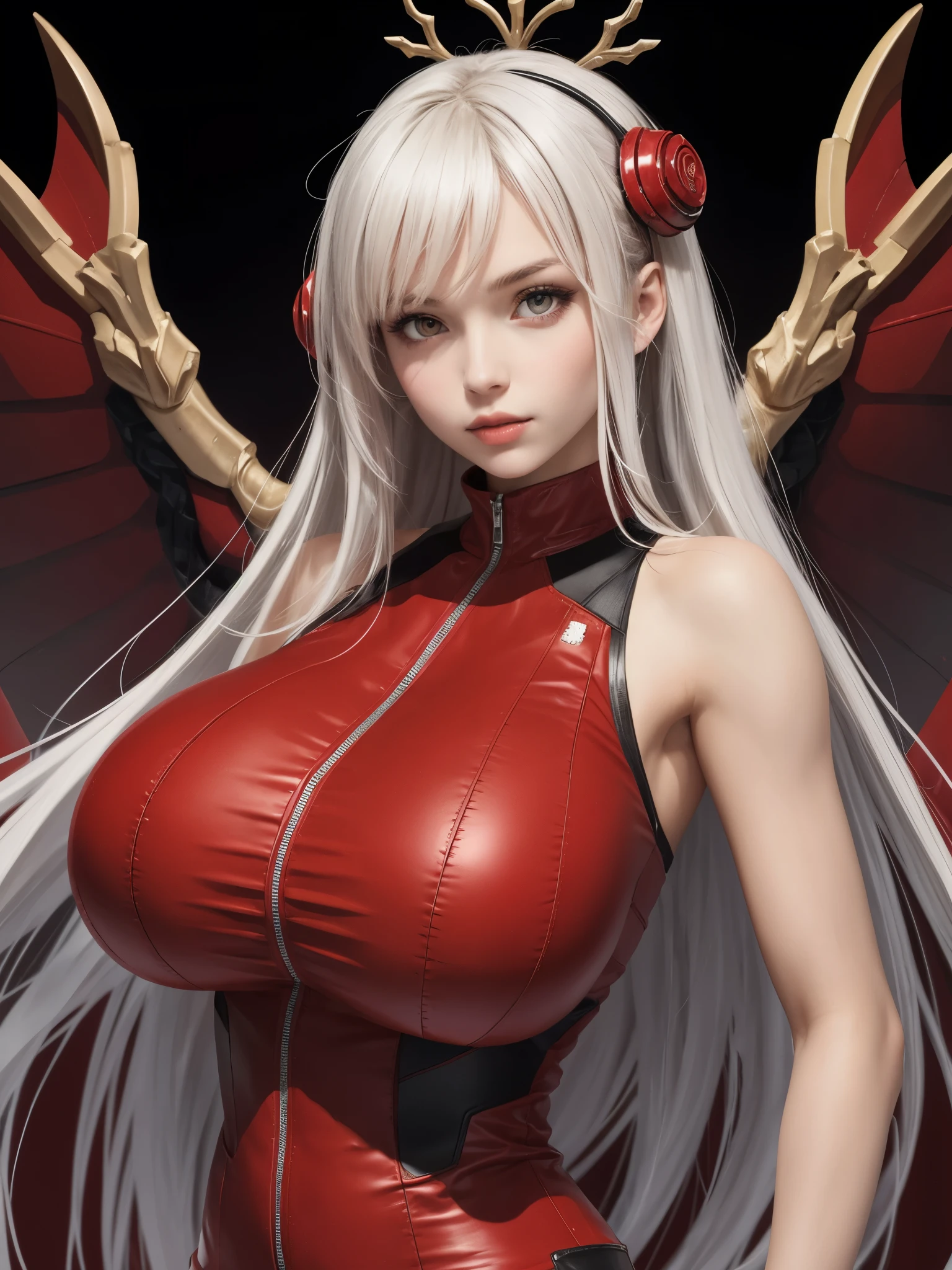 1girl, upper body, medium wide shot, standing, high-tech sleek form-fitting sleeveless outifit, detailed face, looking at viewer, red outfit, red theme, (gigantic breasts:1.2), detailed textures, masterpiece, best quality, high resolution,