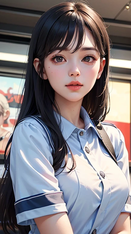 Beautiful young woman in a clean and fresh fast food uniform, Beautiful attention to detail, Beautiful lip detail, Highly detailed face, Long eyelashes, Friendly and polite expression, Make delicious soft serve ice cream, Popular fast food restaurants, Ice cream fine texture, The perfect uniform, High quality lighting, Realistic, 8k, Highest quality, masterpiece, Professional, Studio Lighting