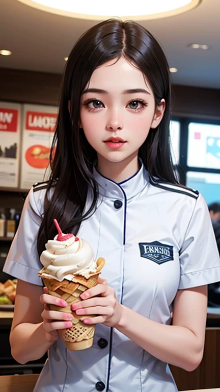 Beautiful young woman in a clean and fresh fast food uniform, Beautiful attention to detail, Beautiful lip detail, Highly detailed face, Long eyelashes, Friendly and polite expression, Make delicious soft serve ice cream, Popular fast food restaurants, Ice cream fine texture, The perfect uniform, High quality lighting, Realistic, 8k, Highest quality, masterpiece, Professional, Studio Lighting