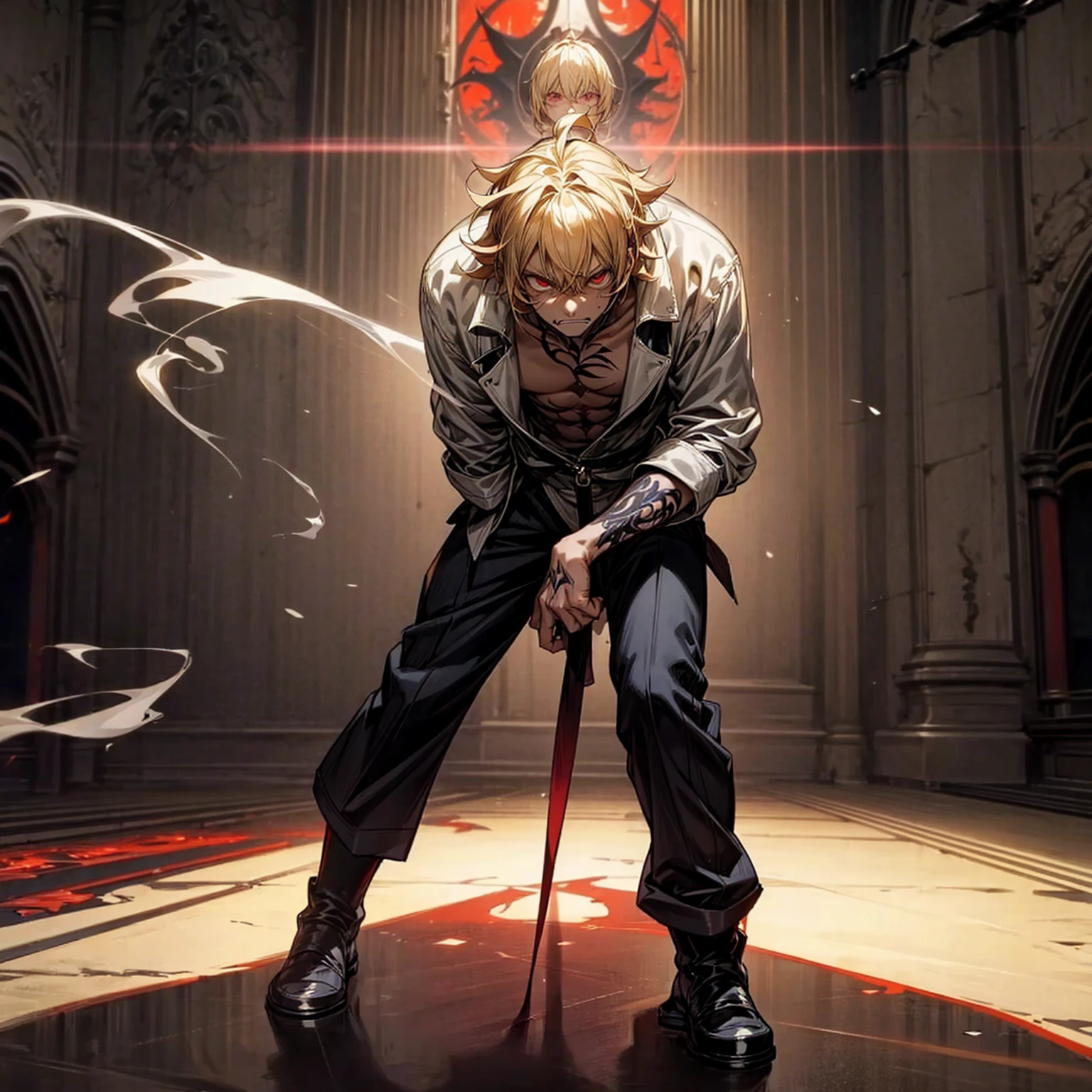 Solo character, full body version, old man, red eyes, blonde hair, long Curly hairstyle, casual clothing, topless, boots, muscle, detailed shadow, (death note style art), indoor room cathedral, dark, darkness room, angry eyes, very angry, red glowing eyes, shotgun in hand, smoke effect, fire, blood, glow effect, lighting, moon, Moonlight standing gesture, tatto body, 