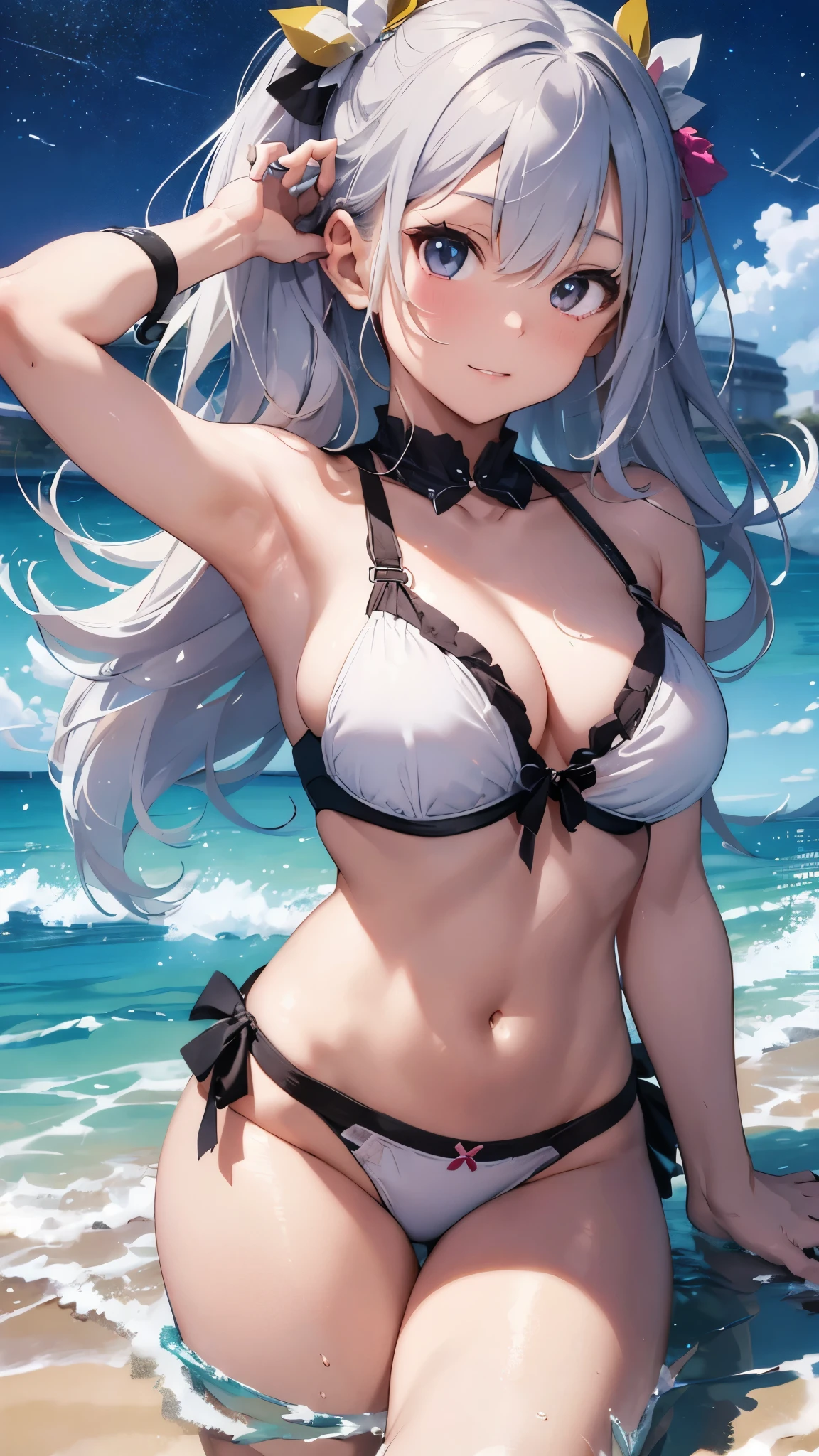 4K,8k,Silver-haired girl drawn in high resolution Japanese anime style、whole body、Women in white bikinis taking photos on a deserted beach, model , , Young and cute gravure idol, Posing together in bras, Russian and Japanese mix, sakimichan, Asian woman, Wear a swimsuit, that'that'that'that'that'that'that'that'that'that'that'that'that'that'that'that'that'that'that'that'that'that'that'that'that'It's hot with the shining sun, Japanese Model, Cute Core, sakimichan hdri, Young Gravure Idol, Chubby